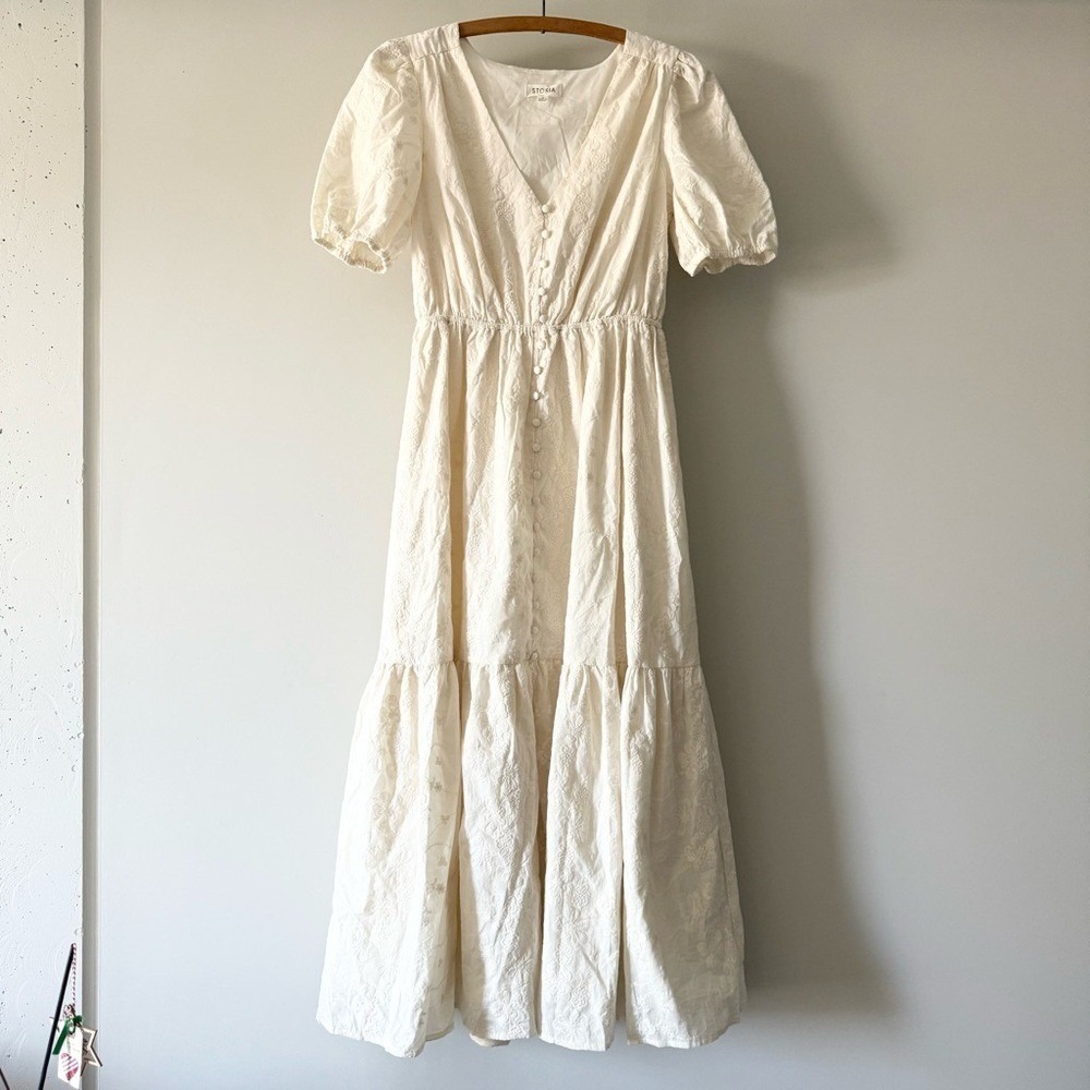 Storia Cotton Neutral Embroidered V-Neck Midi Dress with Buttons #cottagecore S
